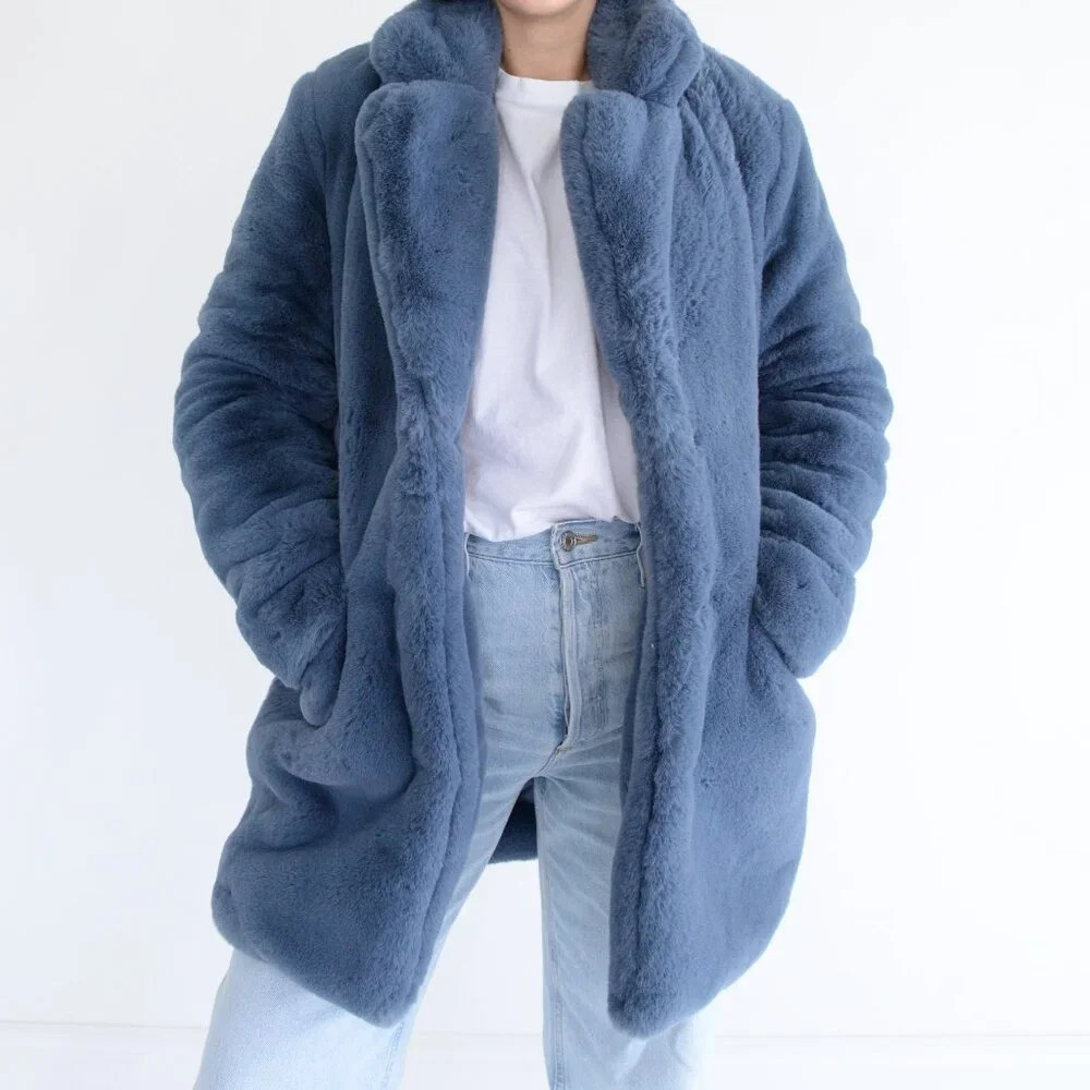 APPARIS Stella Blue-Grey Faux Fur Lapel Teddy Winter Coat Cozy Thick Jacket S